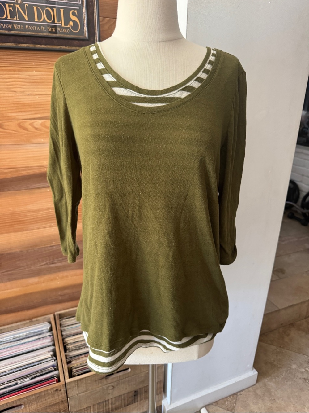 Old Navy Olive Green Layered-Look Long Sleeve Top with Striped Undershirt